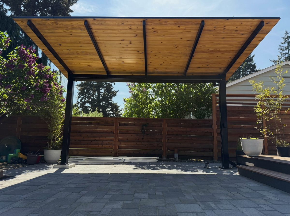 Restored patio cover ceiling in Lake Forest Park with an even wood finish