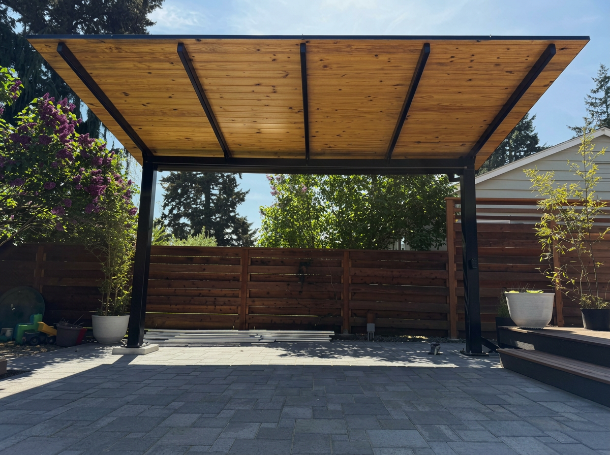 Refinished wooden patio cover after restoration