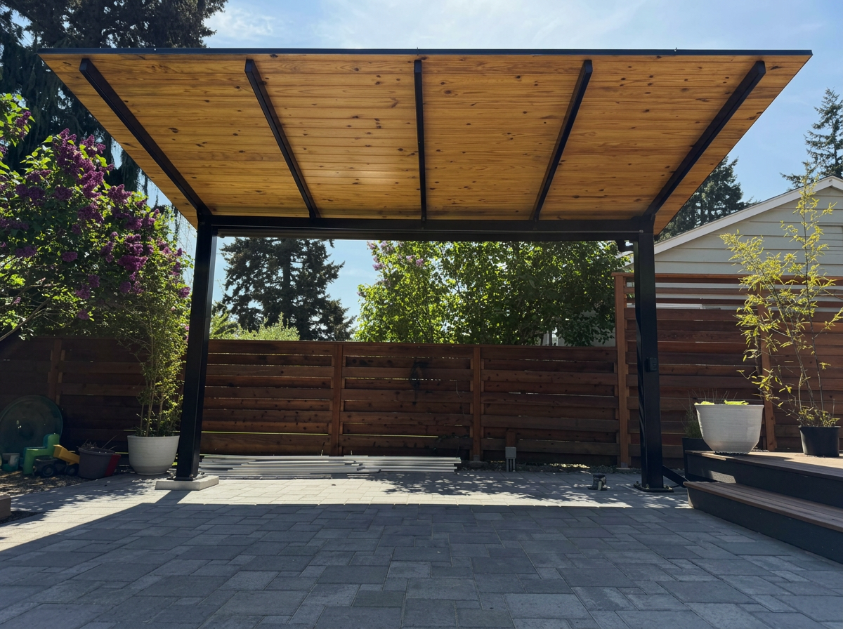 Restored wooden patio cover over a paver patio in a Greater Seattle backyard