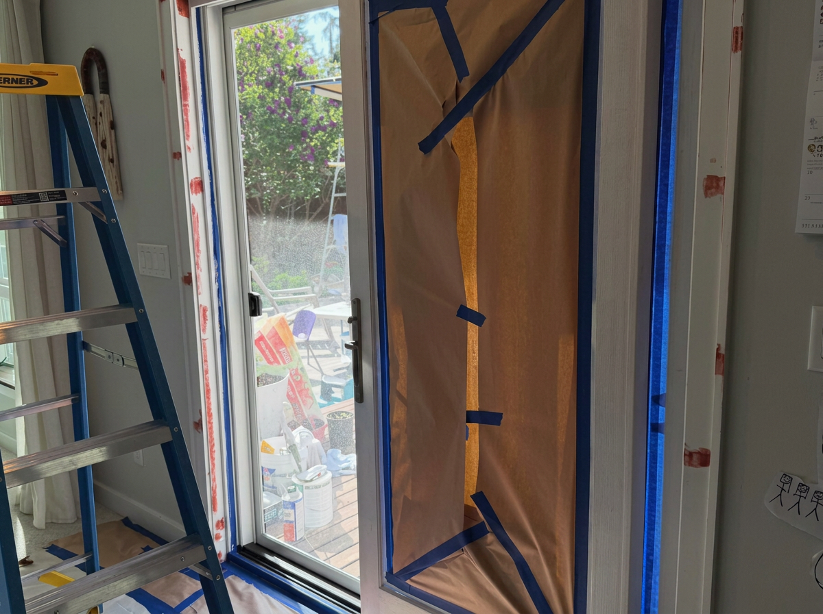 Doorway, trim, and floor carefully masked with paper and tape before painting